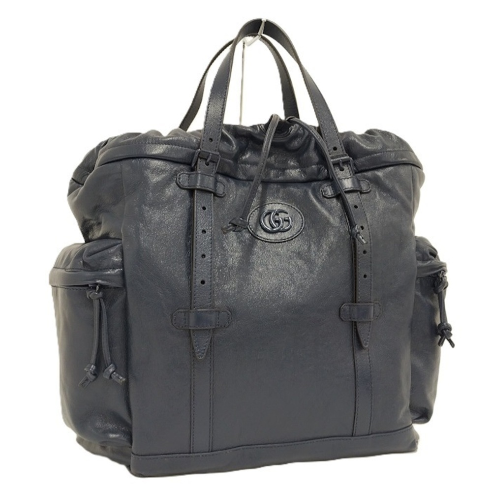 GUCCI Double GG Drawstring Tote Bag Leather Navy Blue